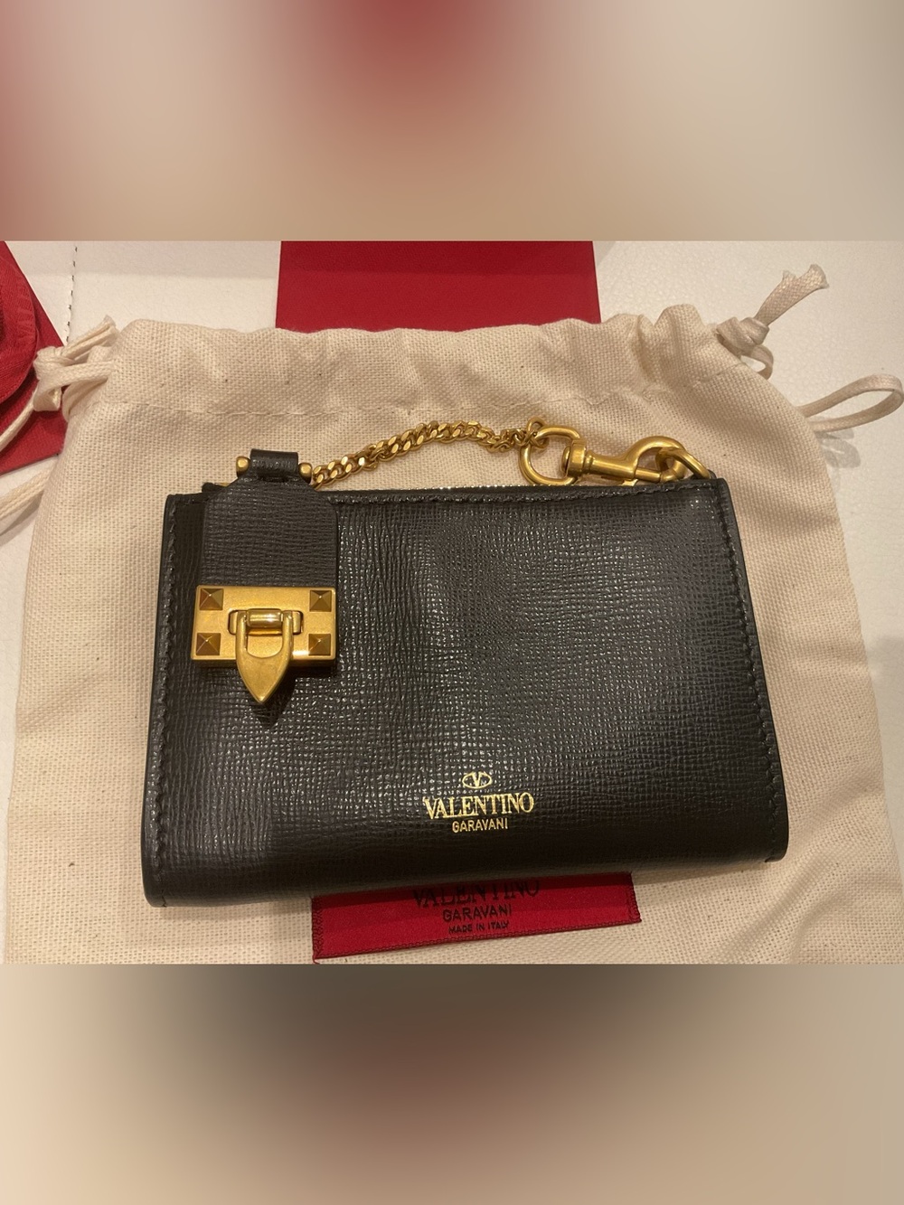 Valentino Garavani Black Leather Card Holder with Gold Hardware and Chain